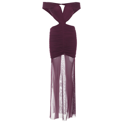 Sexy Chica Mesh Pleated Patchwork V-Neck Backless Dress