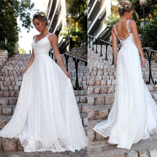 Boho Lace V-Neck Wedding Dress | Backless Beach Bridal Gown with Train.