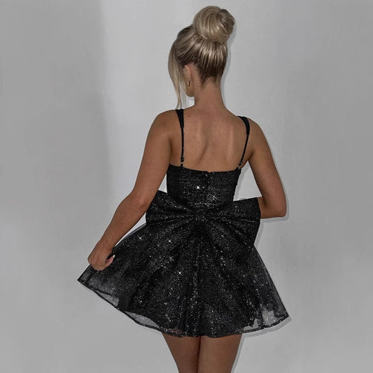 Glitter Bustier Mini Dress - Sweetheart Big Bow Back Homecoming Dress, Sparkly Black