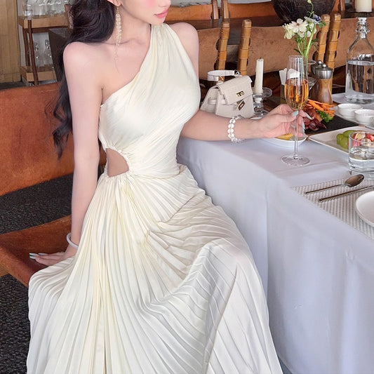 One-Shoulder Pleated Maxi Dress with Waist Cutout