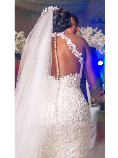 Vintage Halter Mermaid Wedding Dress | Beaded Lace Bridal Gown.