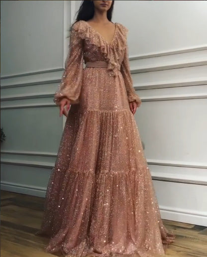 V-neck Sequin Dress With Big Swing Long Dress