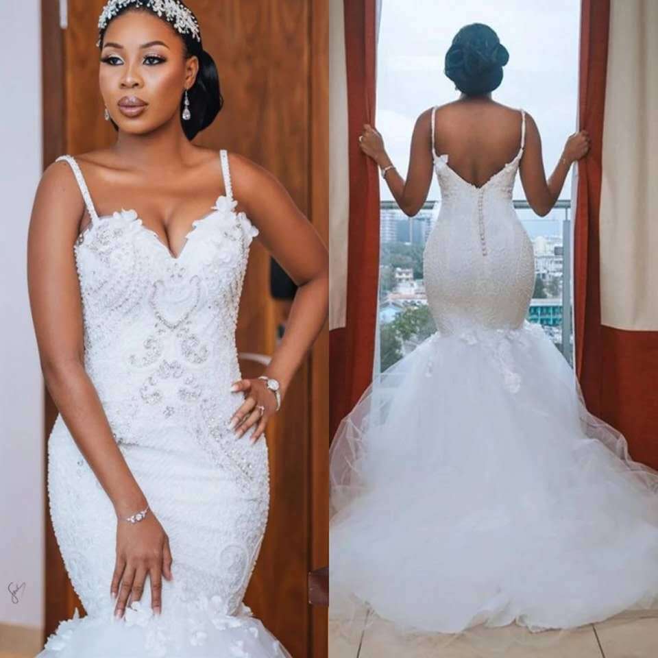 Luxury Beaded Lace Mermaid Wedding Dress with Dramatic Tulle Train.