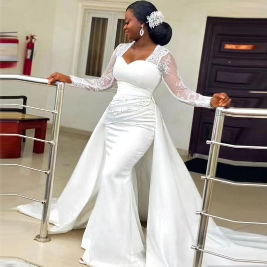 2-in-1 Satin Mermaid Wedding Dress with Detachable Overskirt and Train.