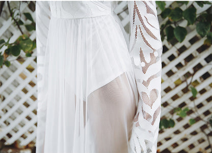 Boho Long Sleeve Lace Beach Cover-Up – Sheer Mesh Maxi Dress