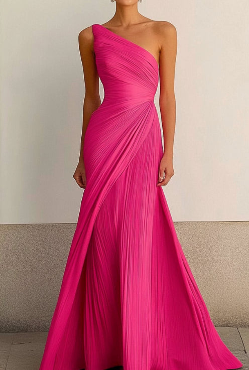 One-shoulder pleated long dress, flowing tight dress
