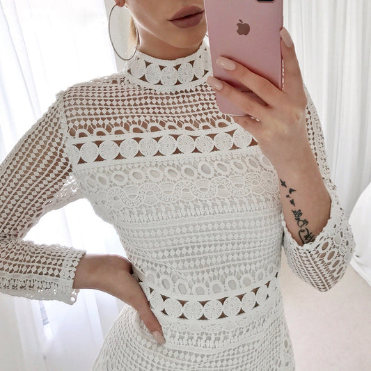 Long Sleeve White Lace Cut Out Knee Length Dress