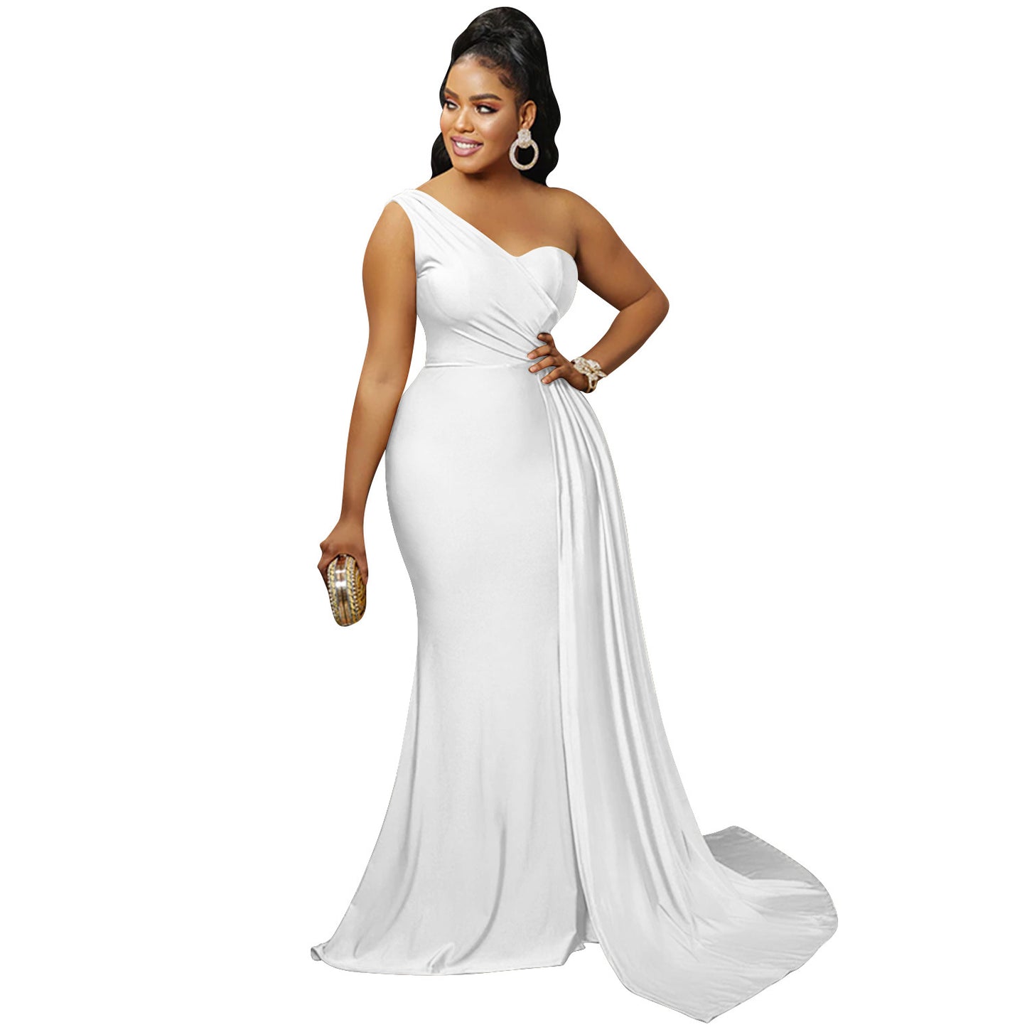 Solid-color Party Bodycon One-shoulder Sleeve Dress