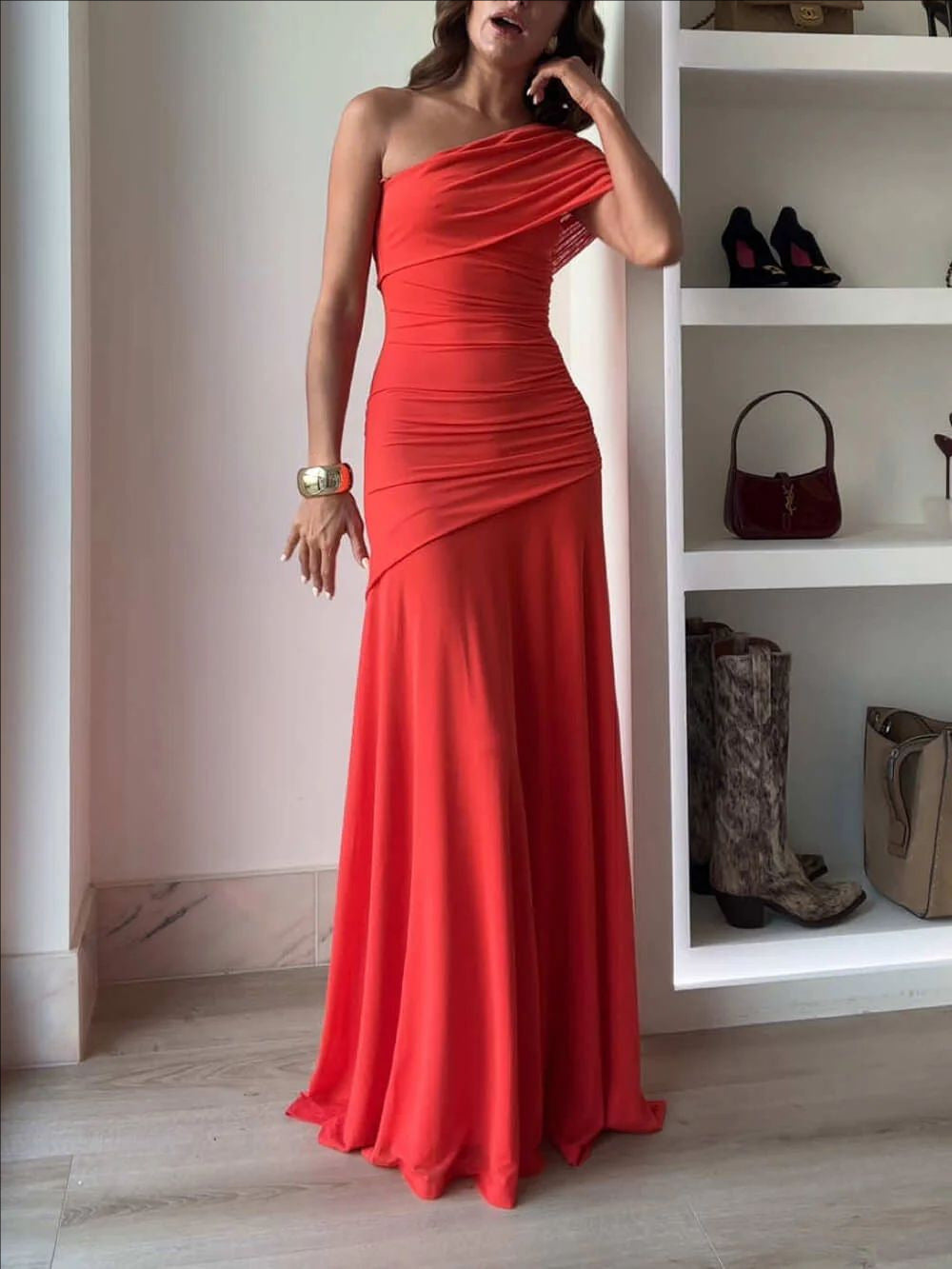 Womens Solid-Color Off-the-Shoulder Halter Backless Dress