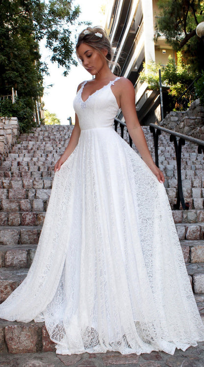 Boho Lace V-Neck Wedding Dress | Backless Beach Bridal Gown with Train.