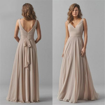 Long Chiffon Sleeveless Bridesmaid Dress Deep V Halter