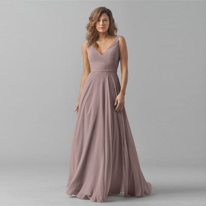 Long Chiffon Sleeveless Bridesmaid Dress Deep V Halter