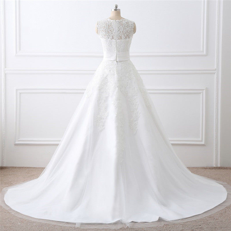 2-in-1 Convertible Wedding Dress with Detachable Tulle Train & Lace Mini.