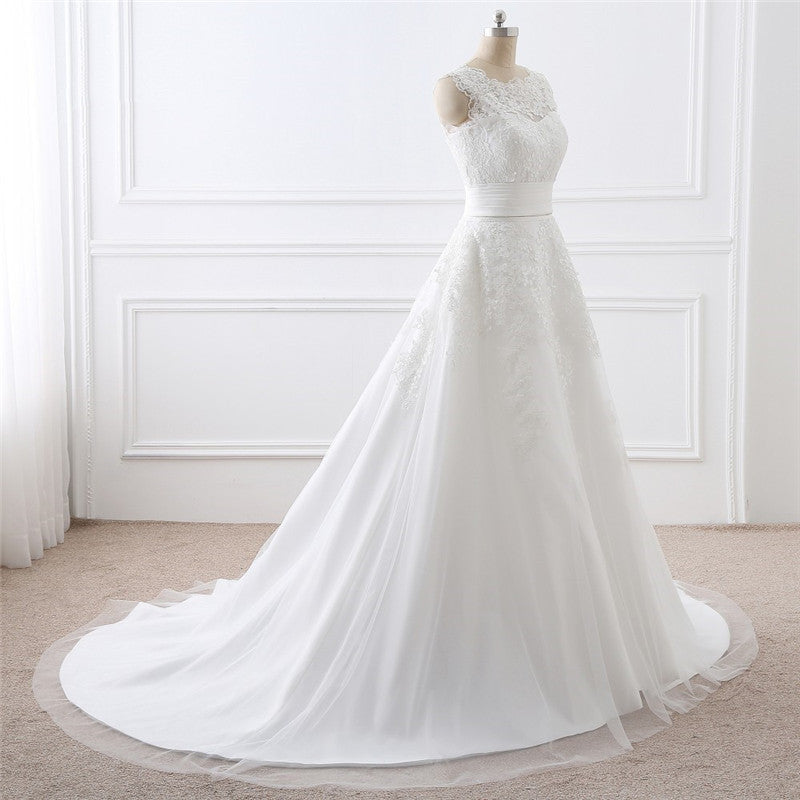 2-in-1 Convertible Wedding Dress with Detachable Tulle Train & Lace Mini.