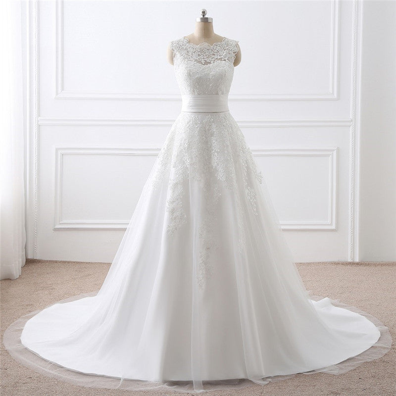 2-in-1 Convertible Wedding Dress with Detachable Tulle Train & Lace Mini.