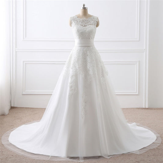2-in-1 Convertible Wedding Dress with Detachable Tulle Train & Lace Mini.