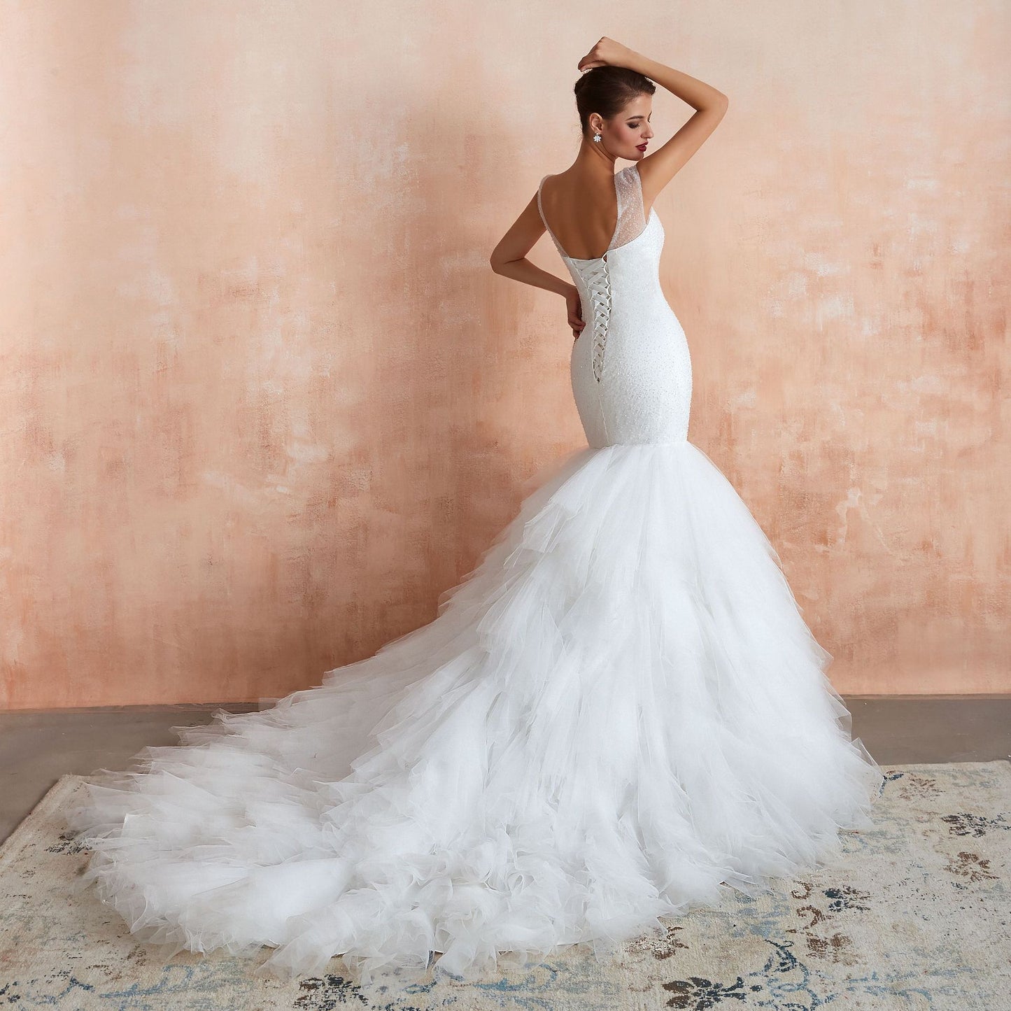 Dramatic Mermaid Wedding Dress with Ruffled Tulle Skirt & Corset Back.