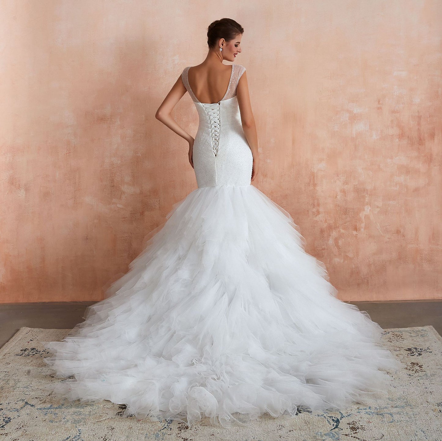 Dramatic Mermaid Wedding Dress with Ruffled Tulle Skirt & Corset Back.