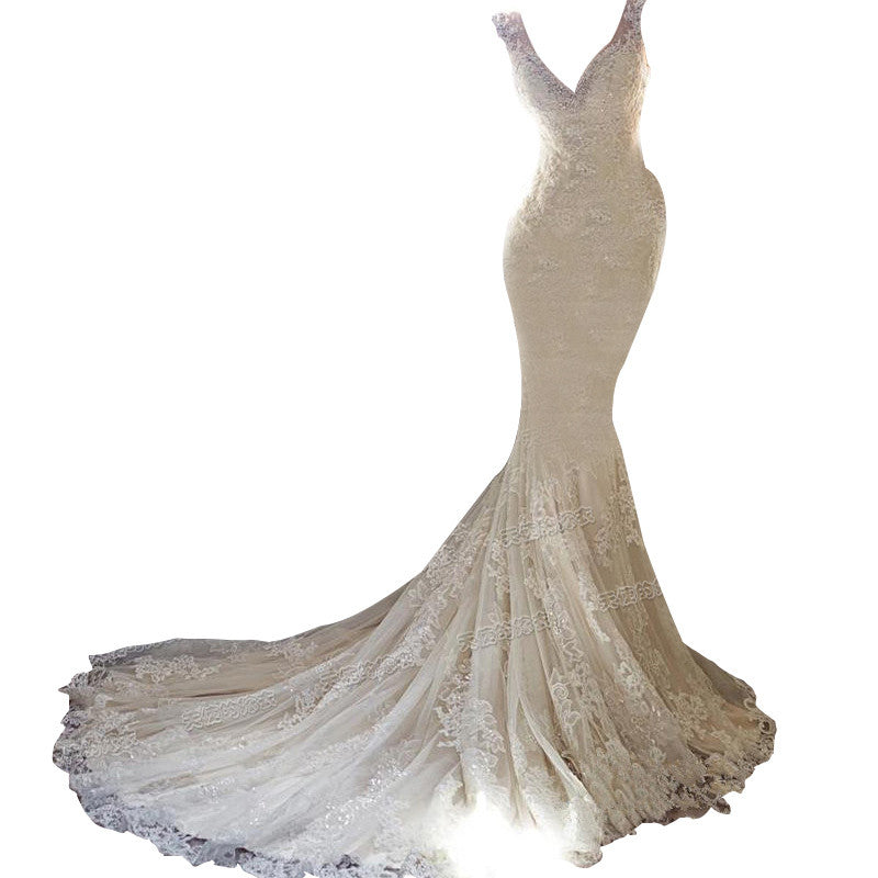 Elegant Lace Mermaid Wedding Dress with Illusion Button Back & Train.