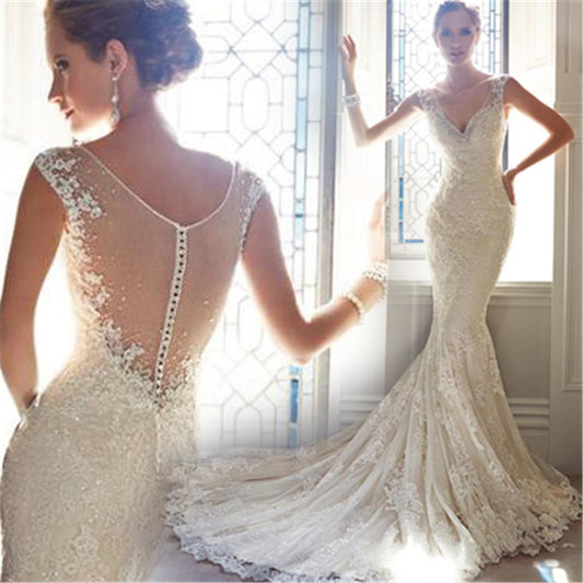 Elegant Lace Mermaid Wedding Dress with Illusion Button Back & Train.