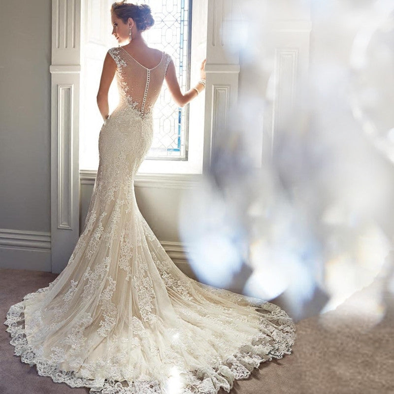 Elegant Lace Mermaid Wedding Dress with Illusion Button Back & Train.