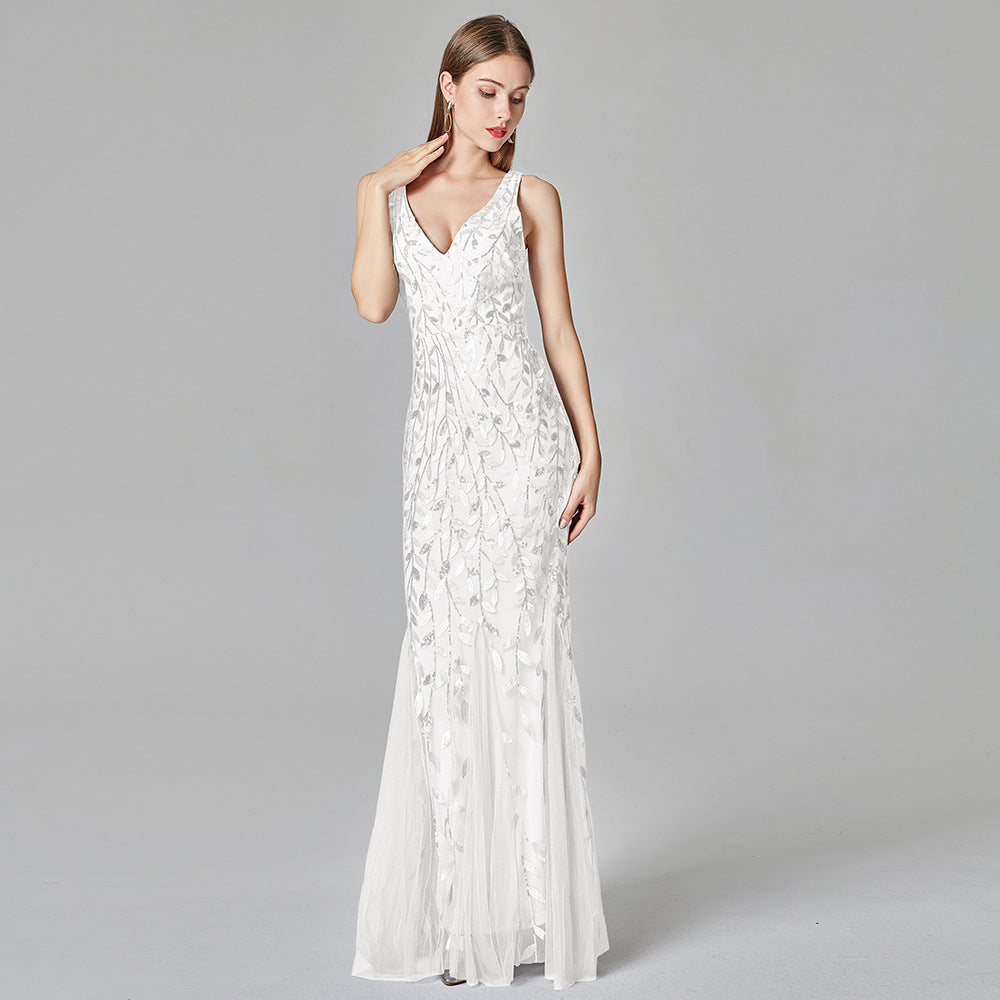 New Dress Sexy Long Skirt Sleeveless V-Neck Embroidered Sequins Slim Fishtail Bridesmaid Evening Dress Women