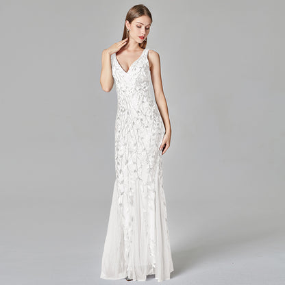 New Dress Sexy Long Skirt Sleeveless V-Neck Embroidered Sequins Slim Fishtail Bridesmaid Evening Dress Women