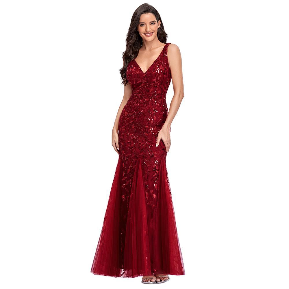 New Dress Sexy Long Skirt Sleeveless V-Neck Embroidered Sequins Slim Fishtail Bridesmaid Evening Dress Women