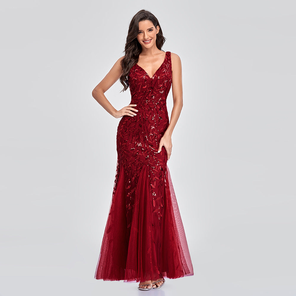 New Dress Sexy Long Skirt Sleeveless V-Neck Embroidered Sequins Slim Fishtail Bridesmaid Evening Dress Women