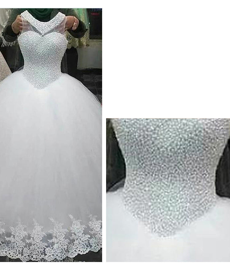 Luxury Beaded Pearl Wedding Dress | Royal Princess Tulle Ball Gown.