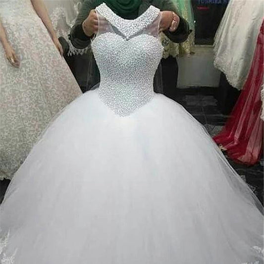 Luxury Beaded Pearl Wedding Dress | Royal Princess Tulle Ball Gown.