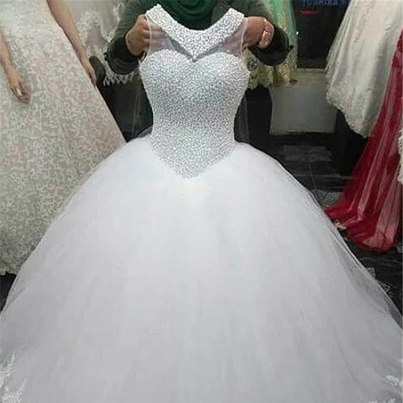 Luxury Beaded Pearl Wedding Dress | Royal Princess Tulle Ball Gown.