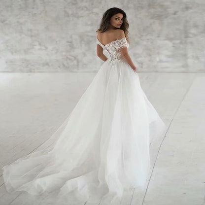 Off-the-Shoulder Lace A-Line Wedding Dress | Flowy Tulle Bridal Gown.