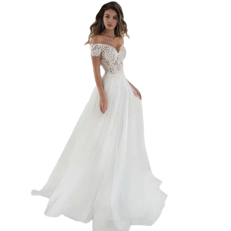 Off-the-Shoulder Lace A-Line Wedding Dress | Flowy Tulle Bridal Gown.