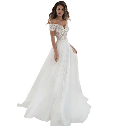 Off-the-Shoulder Lace A-Line Wedding Dress | Flowy Tulle Bridal Gown.