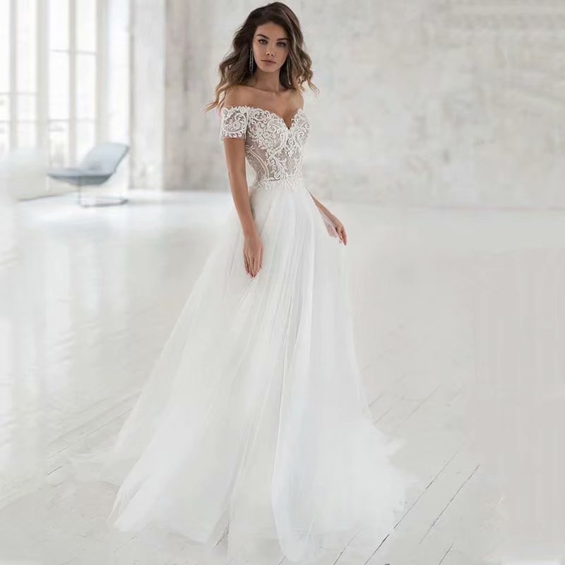 Off-the-Shoulder Lace A-Line Wedding Dress | Flowy Tulle Bridal Gown.