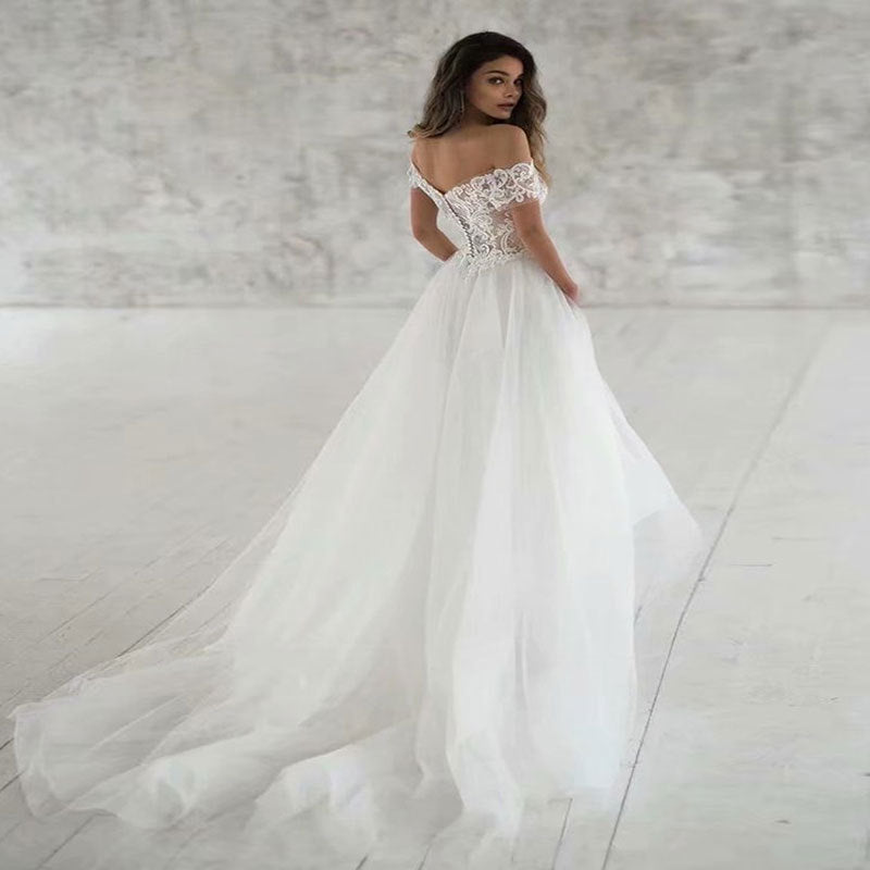 Off-the-Shoulder Lace A-Line Wedding Dress | Flowy Tulle Bridal Gown.