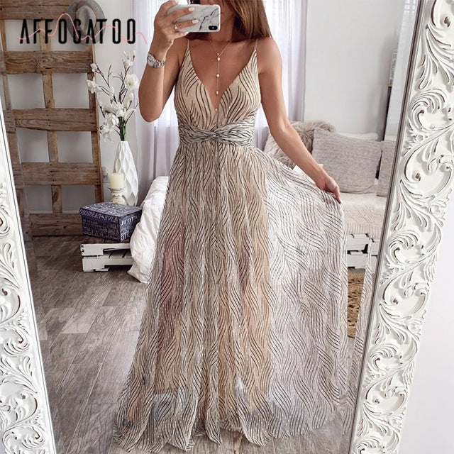 Glitter Tulle A-Line Formal Dress - Spaghetti Strap V-Neck Evening Gown