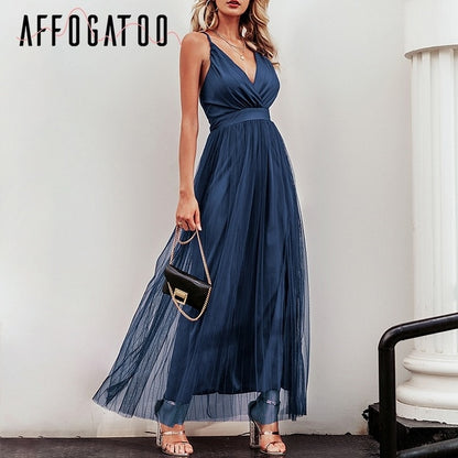 Glitter Tulle A-Line Formal Dress - Spaghetti Strap V-Neck Evening Gown