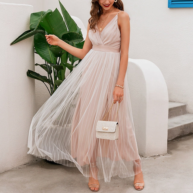 Glitter Tulle A-Line Formal Dress - Spaghetti Strap V-Neck Evening Gown