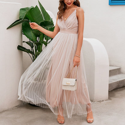 Glitter Tulle A-Line Formal Dress - Spaghetti Strap V-Neck Evening Gown