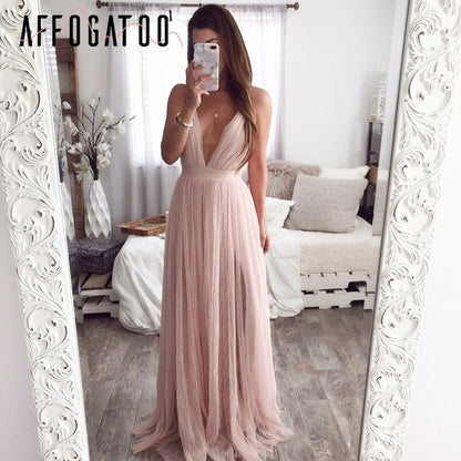 Glitter Tulle A-Line Formal Dress - Spaghetti Strap V-Neck Evening Gown