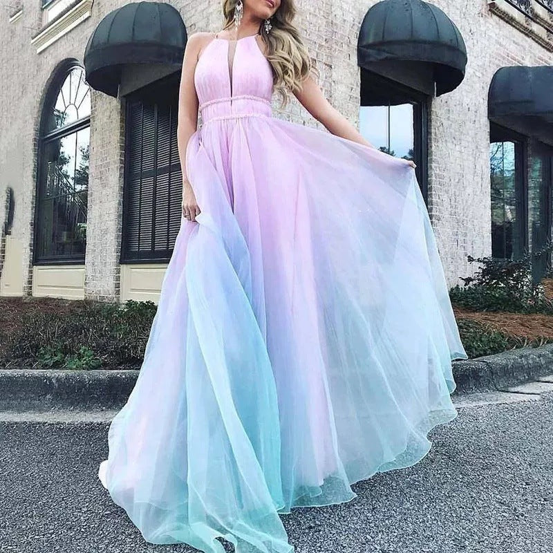 Printed Net Yarn Deep V Dress Long Dress