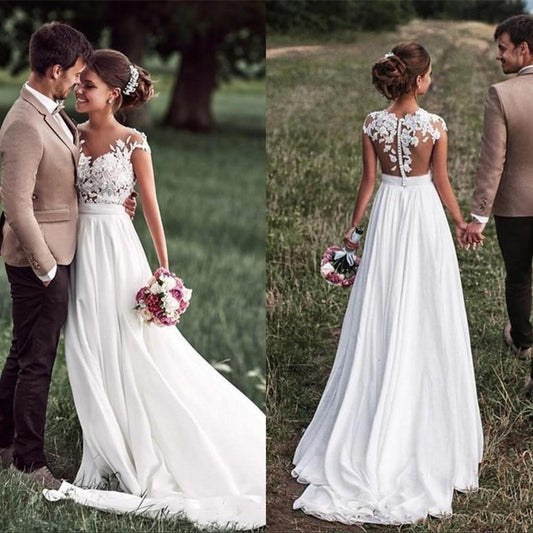 Romantic Chiffon A-Line Wedding Dress with Illusion Floral Lace Back.