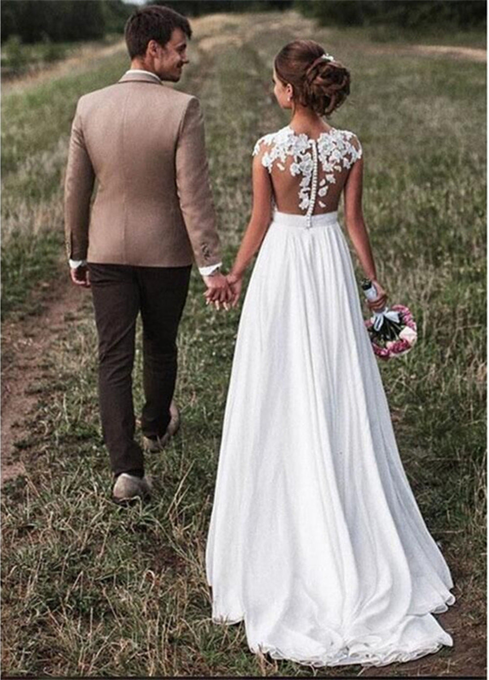 Romantic Chiffon A-Line Wedding Dress with Illusion Floral Lace Back.
