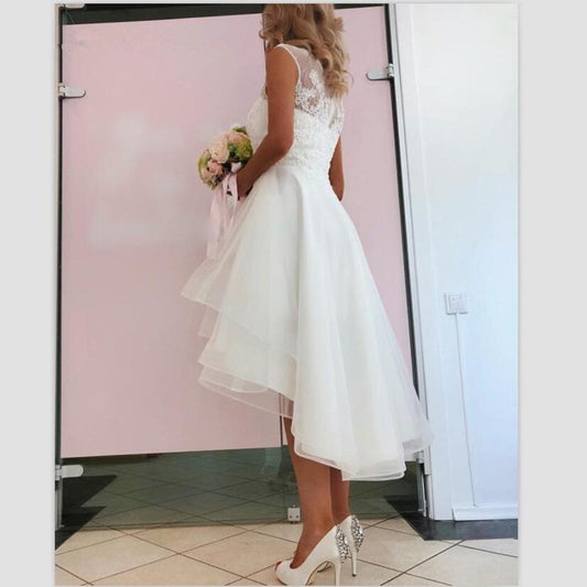 Lace Illusion High-Low Wedding Dress | Simple A-Line Bridal Gown.