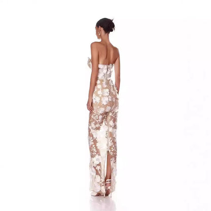 Three-dimensional Flower Tube Top Dress Banquet Dress