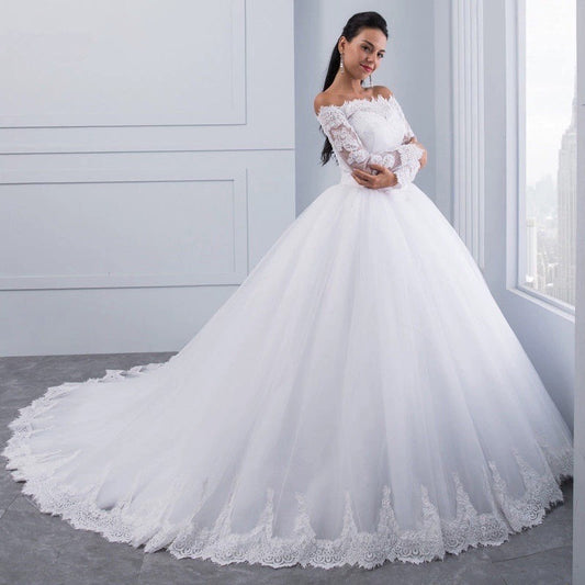 Classic Lace Off-the-Shoulder Ball Gown Wedding Dress with Long Train.