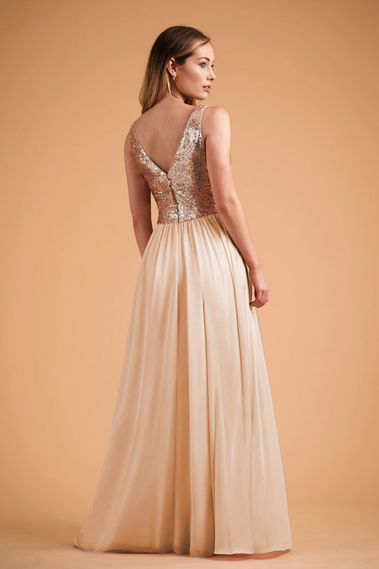 Sequin Bodice Chiffon Maxi Dress - V-Neck A-Line Evening Gown, Rose Gold & Blush