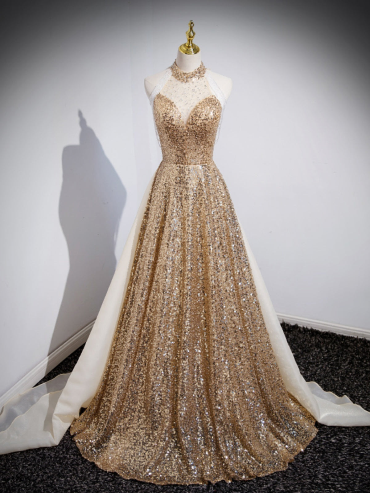 Golden Sequin Glitter Showstopper Evening Dress